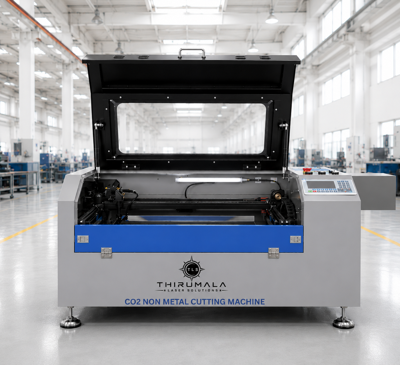 Thirumala CO2 non-metal laser cutting machine on a factory floor
