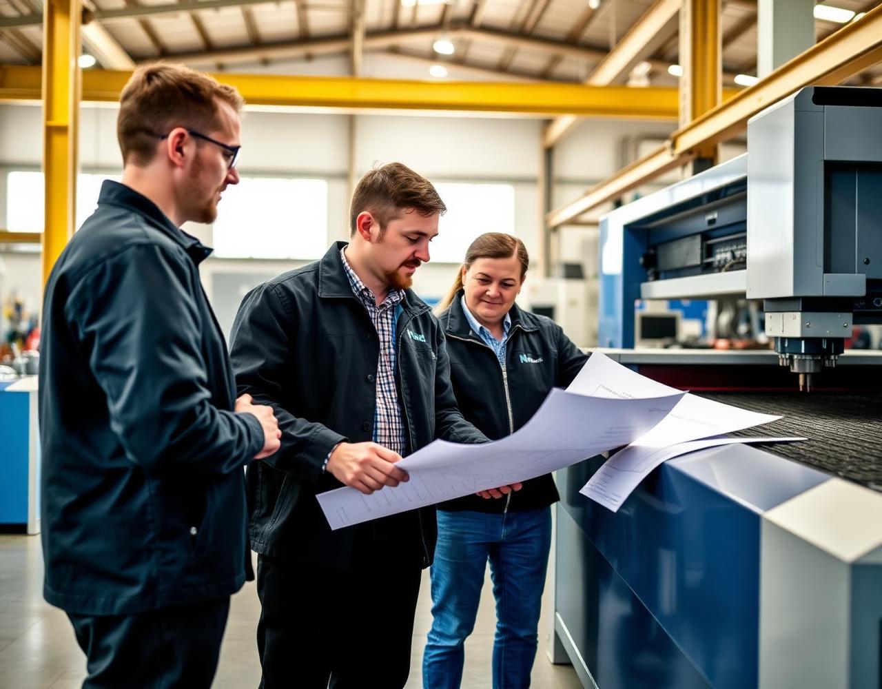 Engineers commissioning a laser machine at a customer site