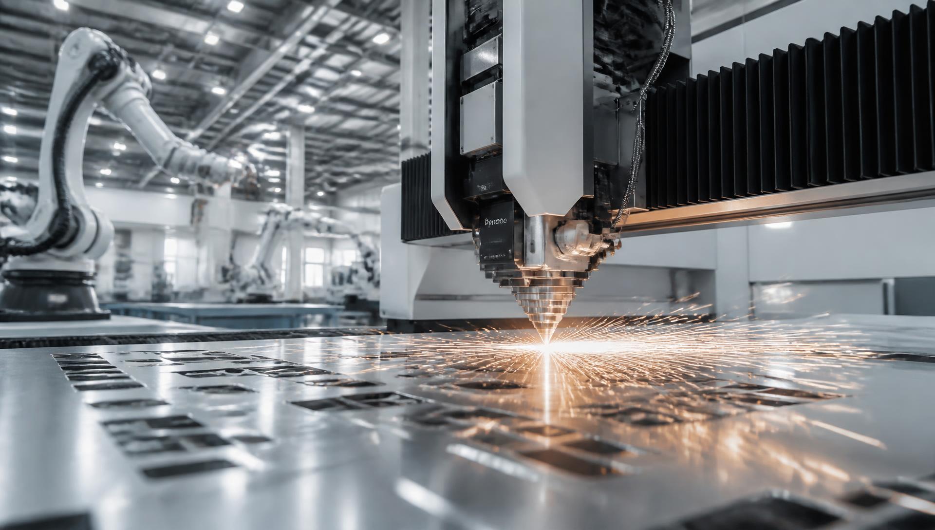 Fiber laser cutting head slicing sheet metal with sparks inside a modern automated factory
